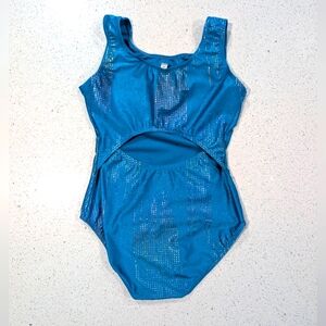 TURQUOISE Destira Gymnastics Dance Leotard JR Extra Small Blue Metallic OPEN BAC